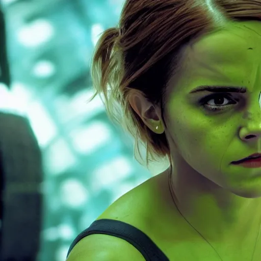 Prompt: emma watson as she - hulk, film still, details, dramatic cinematic lighting, vfx, ilm, imax