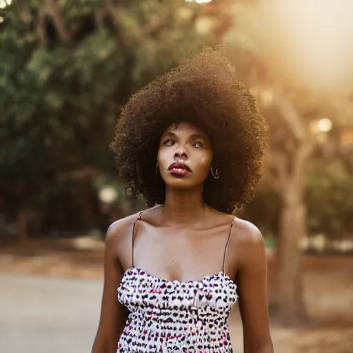 Image similar to portrait photograph of an elegant black woman wearing a sundress in Santa Monica. super resolution. 85 mm f1.8 lens.bokeh.graflex. Alessio albi