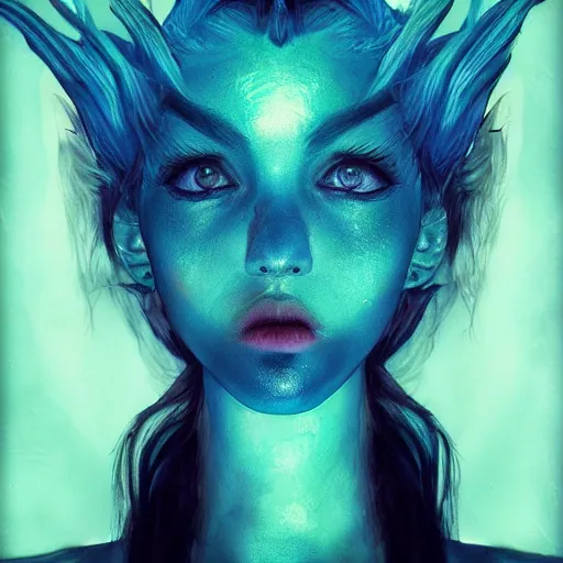 Image similar to The dragon girl portrait, portrait of young girl half dragon half human, dragon girl, dragon skin, dragon eyes, dragon crown, blue hair, long hair, highly detailed, cinematic lighting, by Gaspar Noe