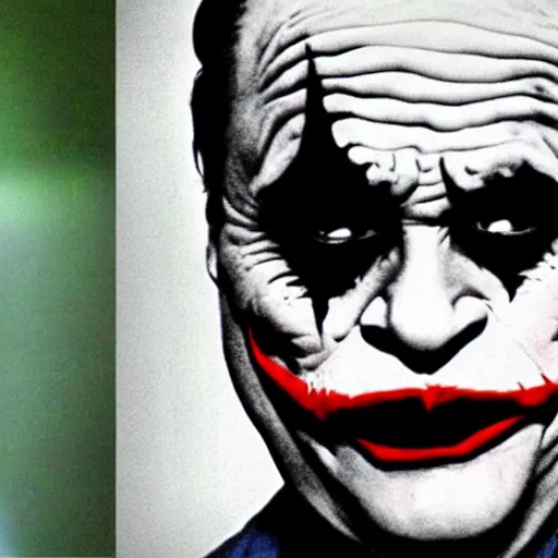 Image similar to Danny Devito as The Joker, still image from Batman movie, shot of face