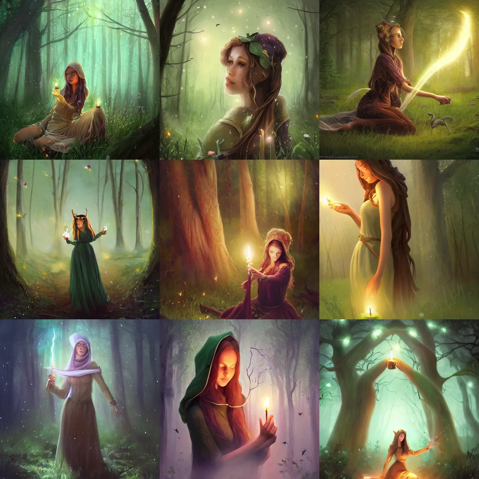 Prompt: Beautiful woman, elf, Brown hair, magic wand, candles, light fog, green lights, fireflies, night, magic, old ritual, head scarf, meadow in the forest, old trees, full body shot, fantasy character, detailed illustration, hd, 4k, digital art, overdetailed art, concept art, by greg rutkowski, complementing colors, Trending on artstation, deviantart