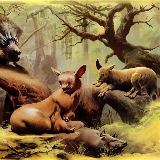 Image similar to eternal friendship and rest of the animals of the forest by Frank Frazetta, 8k resolution