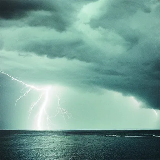 Prompt: “a savage storm on the sea, lightning, mist”