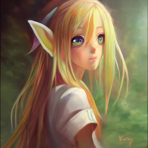 Image similar to oil painting of a beautiful pretty pure kawaii cute lovely innocent elegant hot nice sweet girly feminine long hair anime ELF waifu sister girl Trending on Pixiv