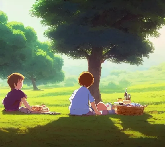 Prompt: a wholesome animation key shot of a boy and a girl sitting together under a tree, having a picnic, boy and girl!!, studio Ghibli, Pixar and Disney animation, sharp, very detailed, high resolution, by Raphael LaCoste and Ruan Jia and Robert McCall, postcyberpunk, geodesic, hyperdetailed, sunrise, wide shot, autochrome, octane render, inspired by Hayao Miyazaki, anime key art by Greg Rutkowski, Bloom, dramatic lighting