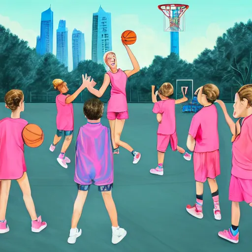 Prompt: tall woman wearing a blue jacket and pink shorts playing basketball against a group of kindergarteners, complete detailed body, city in background, moody atmosphere, digital art, highly detailed, high contrast, beautiful lighting, award winning, trending on art station, photorealistic, 8 k,