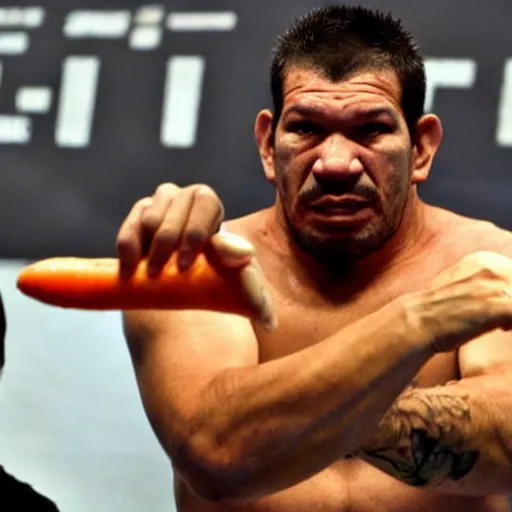 Image similar to antonio rodrigo nogueira holds a single carrot, and antonio rogerio nogueira has his hand on the bus behind them ; photo