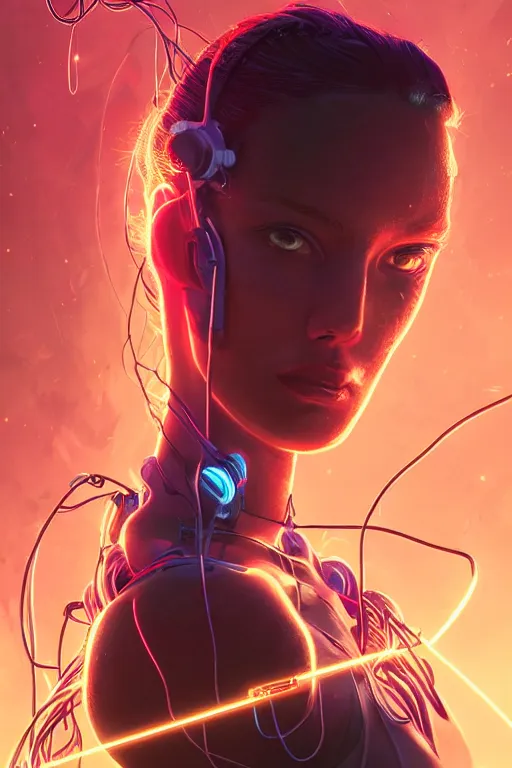 Prompt: Cute cyborg girl , surrounded by cables , illustrated by Greg Rutkowski and Moebius, 35mm lens, beautiful macro close-up imagery, vibrantly lush neon lighting, beautiful volumetric-lighting-style atmosphere, a futuristic atmosphere, intricate, ultra detailed, photorealistic imagery, trending on artstation, 4k, 8k