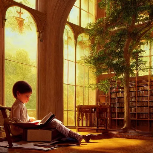 Prompt: a beautiful tall tree growing in the middle of an ancient Victorian library indoors. a child reading a book under a library tree. by Albert Bierstadt, ultra-realistic, 4K, featured on artstation