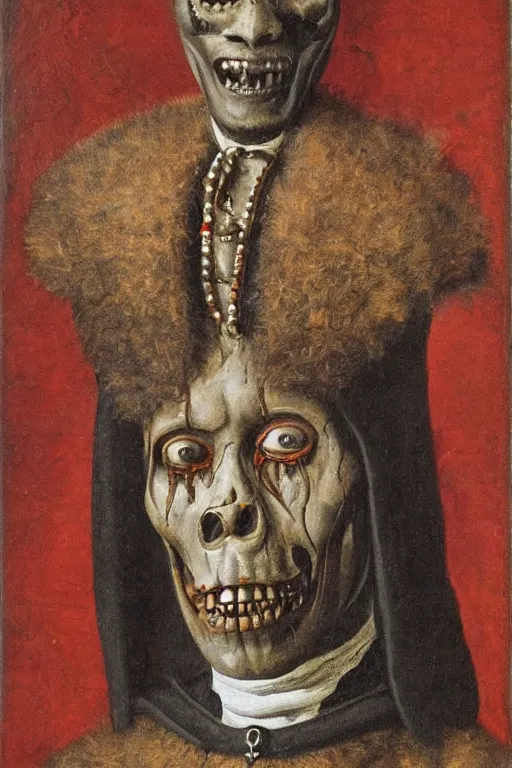 Prompt: portrait of baron samedi, oil painting by jan van eyck, northern renaissance art, oil on canvas, wet - on - wet technique, realistic, expressive emotions, intricate textures, illusionistic detail