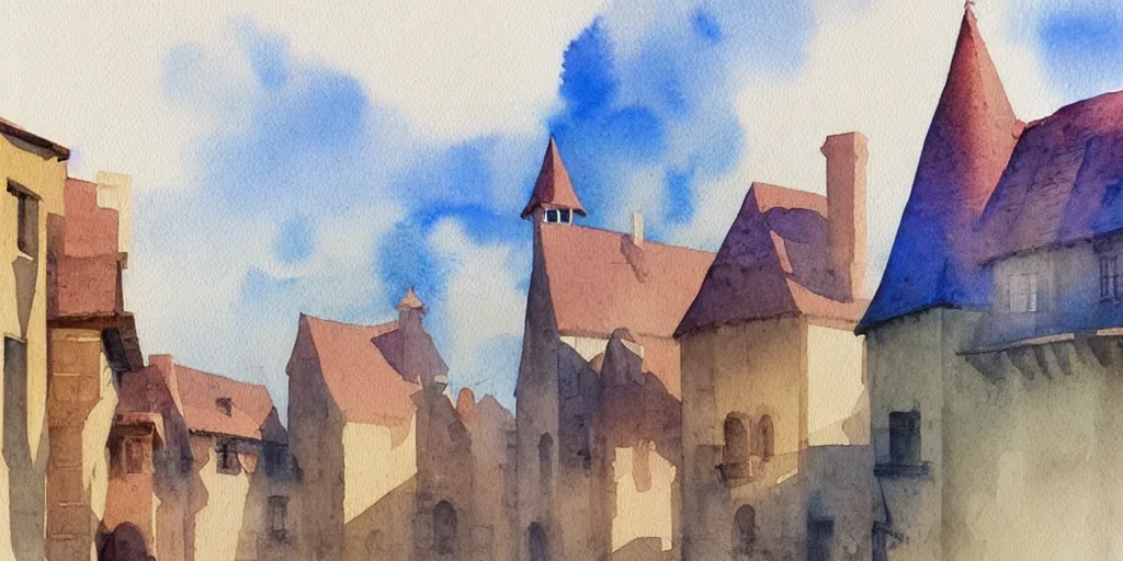 Prompt: medieval town, summer morning light, minimal masterpiece watercolor painting, trending on artstation