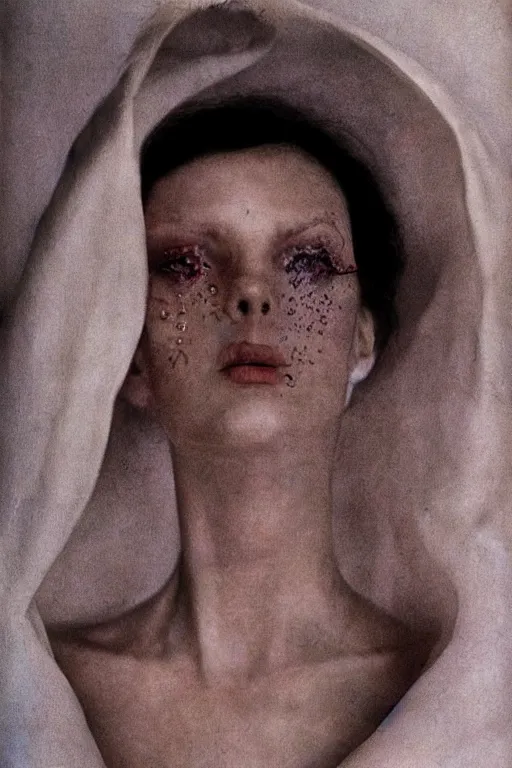 Image similar to hyperrealism fashion portrait close-up by Roversi photo from The Holy Mountain by Alejandro Jodorowsky in style of Francisco Goya