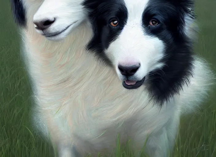 Prompt: close up painting of a border collie kissing a sheep in a pasture, beautiful, intricate, elegant, realistic proportions, highly detailed, scenic background, trending on artstation, art by charlie bowater and henry asencio and and ross tran