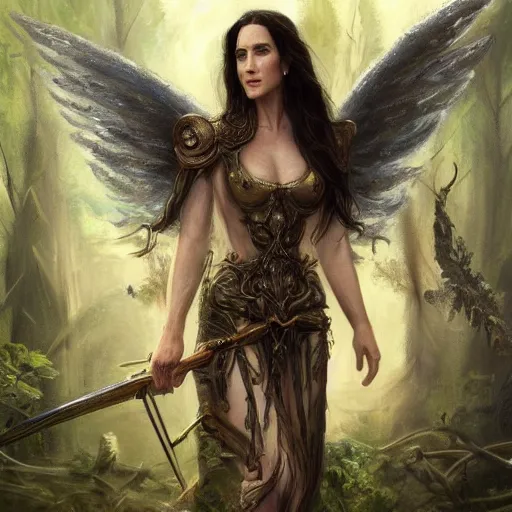 Image similar to A beautiful detailed painting of jennifer connelly as a female angel warrior in a magical forest by john sargent and Kalin Popov , Trending on artstation HD.