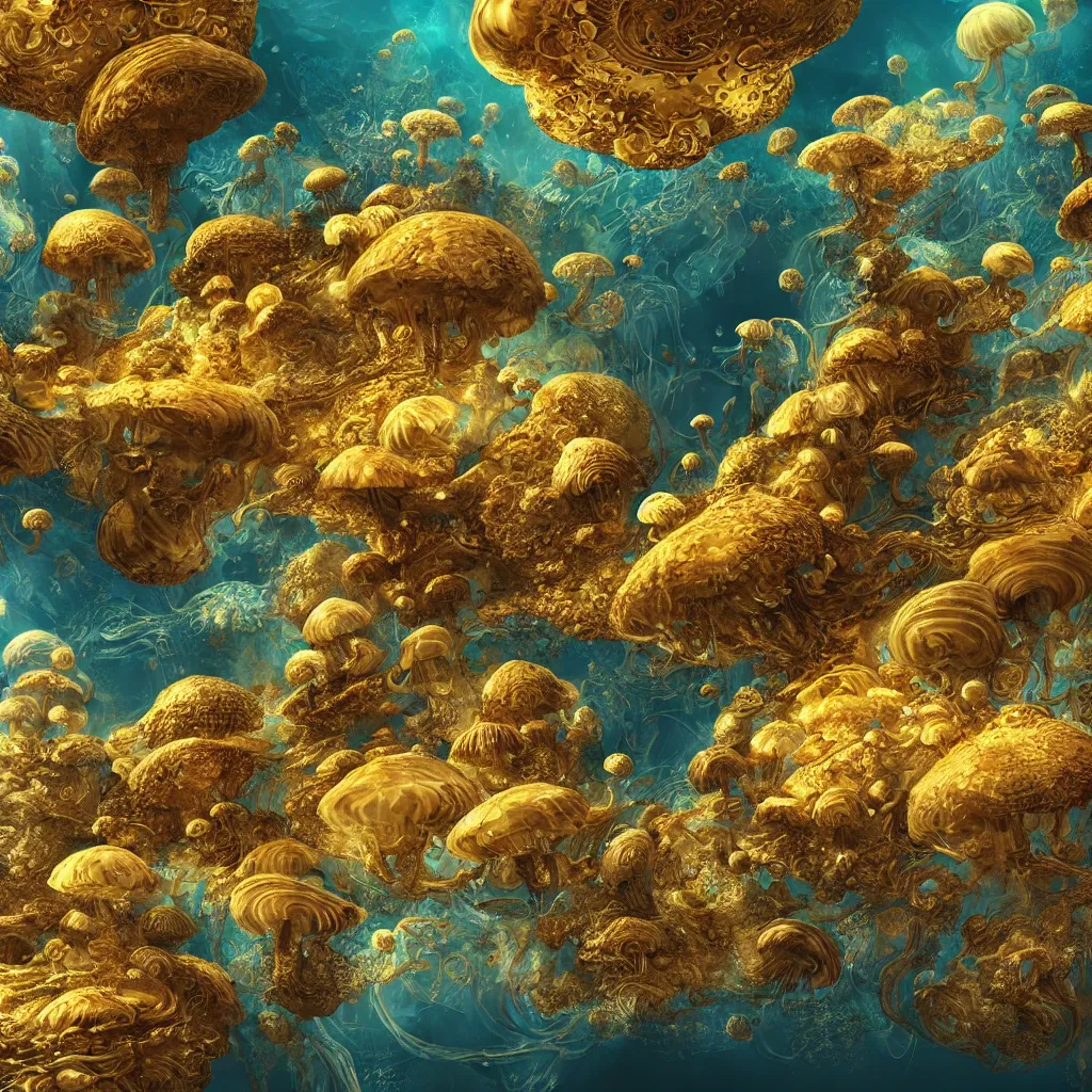 Image similar to mandelbulb gold rising from oceans, high detailed, island, jellyfish environment art, artstation, mushrooms, toad