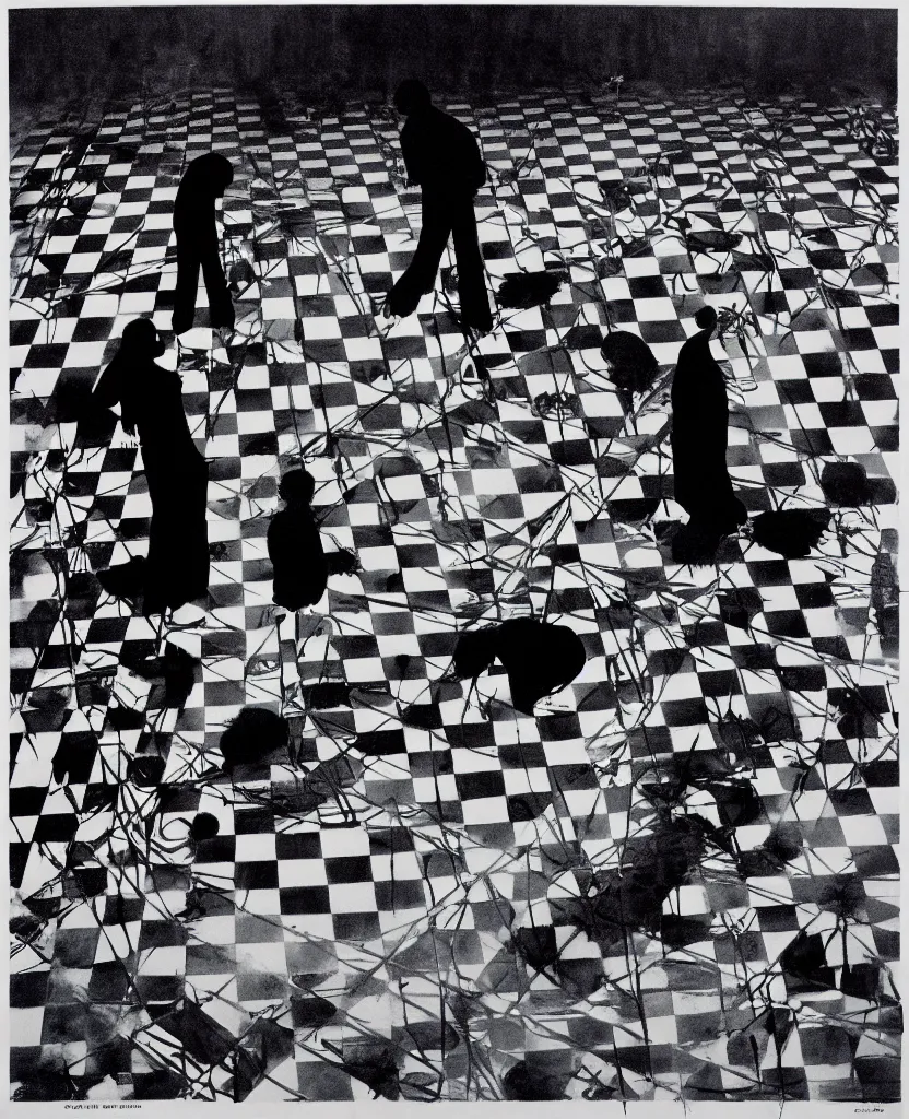 Image similar to a couple of people standing on top of a checkered floor, a poster by syd barrett, behance, neo - expressionism, black arts movement, poster art, indigo dye - transfer, artwork, 1 9 9 0 s