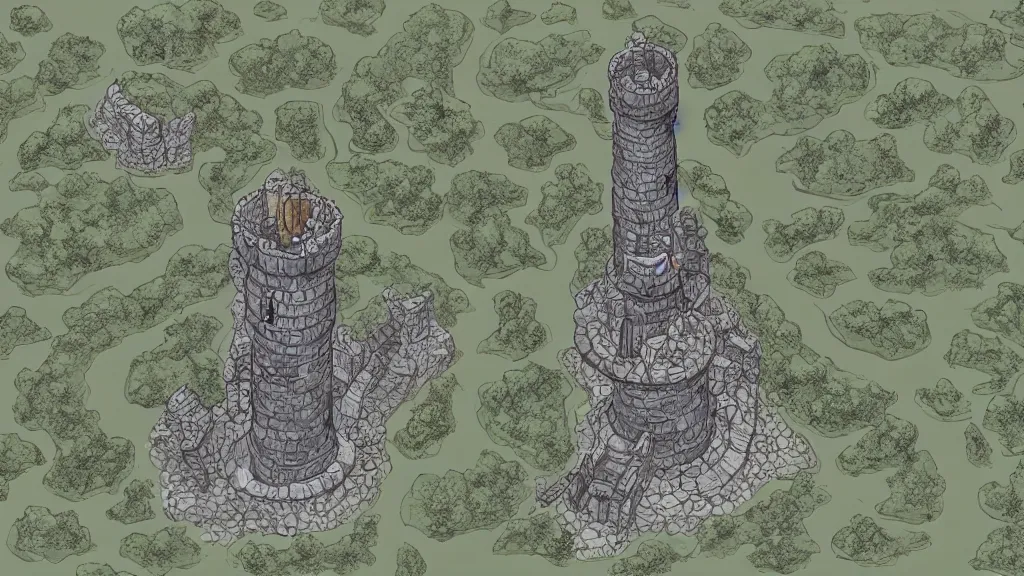 Image similar to Aerial view of a wizard tower next to a few mines and a few caves, lineart, colored