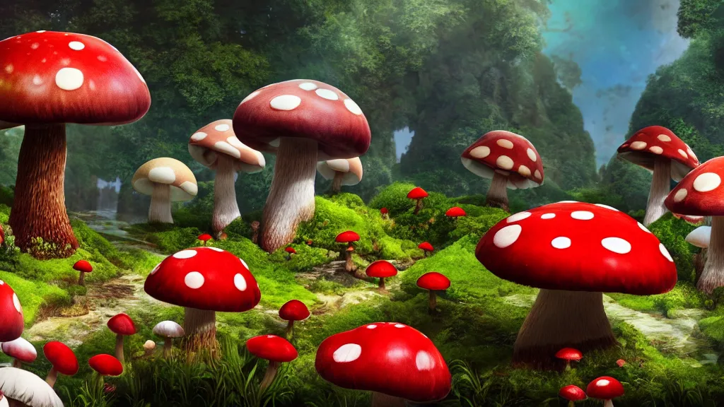 Image similar to archipelago in the mushroom kingdom, red and white spotted giant mushrooms, exotic flora, giant roses, thousands of flowers, fantasy artwork, very very very beautiful scenery, hd, hdr, ue 5, ue 6, unreal engine 5, cinematic 4 k wallpaper, 8 k, ultra detailed, high resolution, artstation, award winning