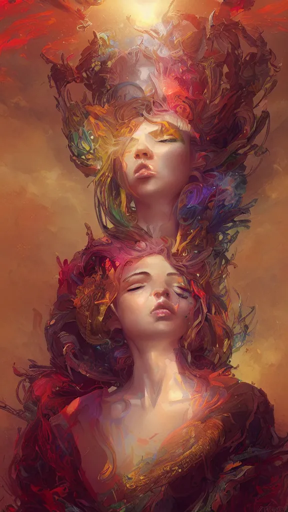 Prompt: portrait of a beautiful rendition of the mythical ame - no - uzumethe goddess dawn, mirth, meditation, the heavenly alarming female, illustration, artistic, colorful, hyper detailed, in the style of greg rutkowski,