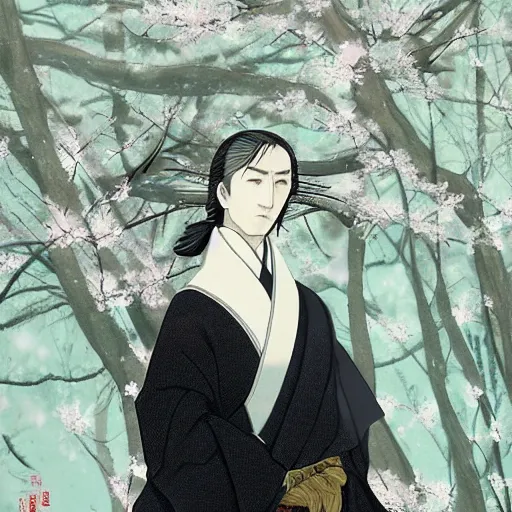 Prompt: detailed portrait of snape samurai with a wand, in snow forest sakura cherry blossom, hakama kimono, trending on artstation elite, elegant, luxury, by krenz cushart, junji ito, takato yamamoto, perfect face, fine details, realistic shaded, fine - face, pretty face