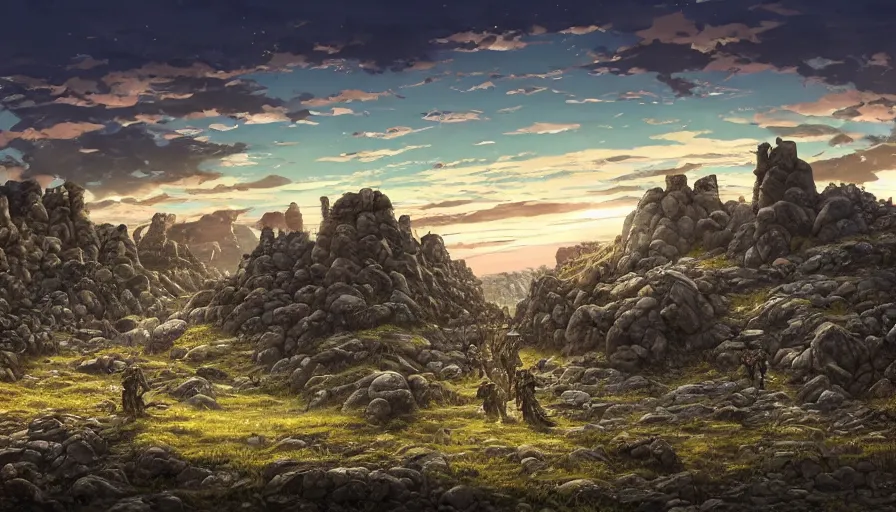 Prompt: the beautiful, chilling, panoramic view of dead calvary soldiers on a field and rocks at dusk with a giant wall in the background. hyperrealistic anime background illustration by kim jung ki, borderlands, colorful, extremely detailed intricate linework, smooth, super sharp focus, bright colors, high contrast, matte, octopath traveler, unreal engine 5 highly rendered, global illumination, radiant light