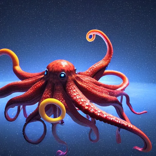 Image similar to hyperrealism simulation of parallel universe octopuses floating in deep space in surreal scene from art house movie from future by caravaggio rendered in blender and octane render