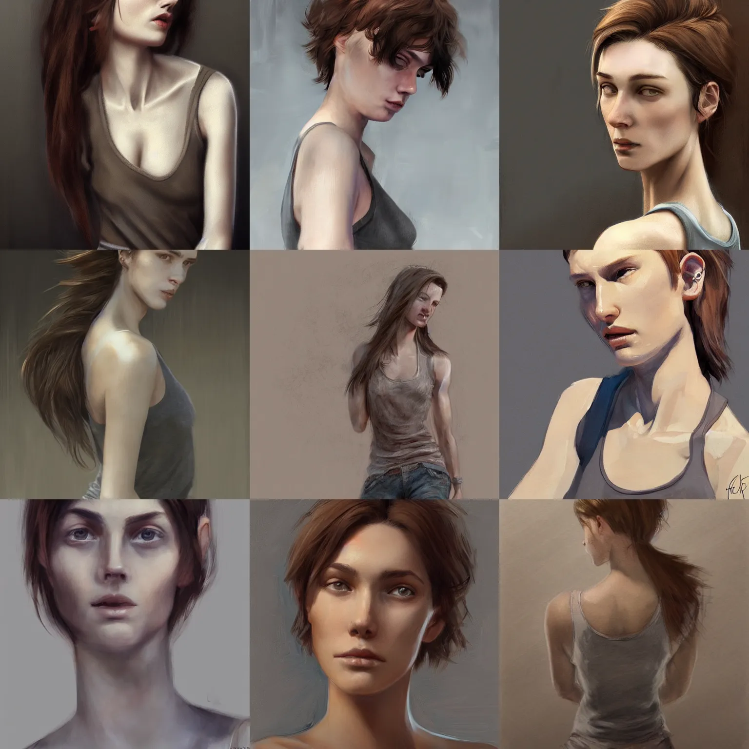 Prompt: woman with brown hair wearing a grey tanktop, by Cedric Peyravernay