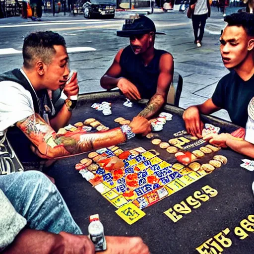 Prompt: with my homies playin street gambling, extremely human detailed, brutal human detailed!!!, hdr human detailed, photo hyper realistic, the best photograph of august, pinterest render, vogue render