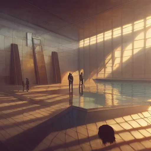 Image similar to indoor liminal space, golden light, peter tarka, minimalistic, hyperrealistic surrealism, award winning masterpiece with incredible details, epic stunning, infinity pool mirrors, a surreal vaporwave liminal space with mirrors, highly detailed, trending on artstation, artgerm and greg rutkowski and alphonse mucha, daily deviation