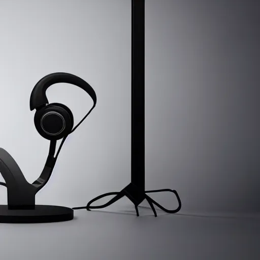 Image similar to headphone stand, futuristic, techno, cyberpunk, product design, render, concept, fun, geometric