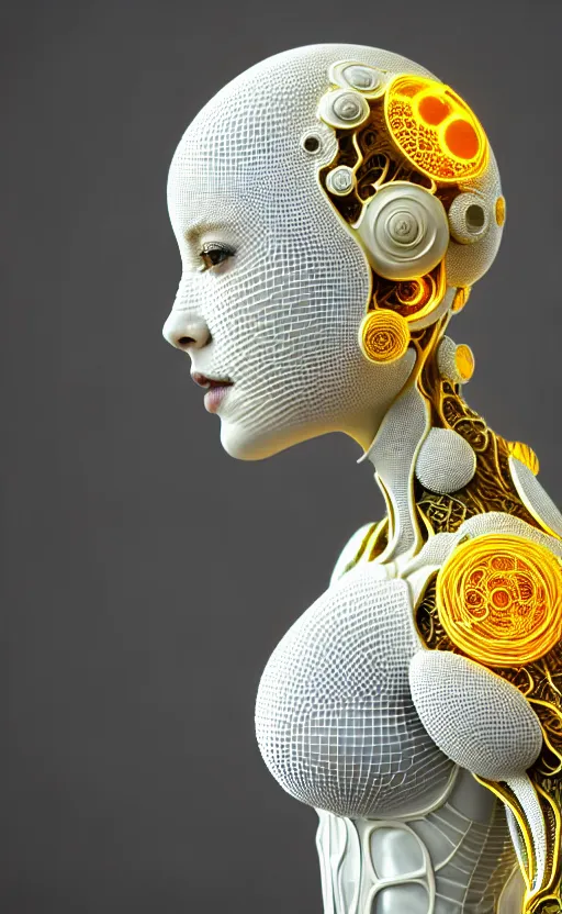 Prompt: intricate hyper detailed ultra sharp 3 d render of a beautiful smooth porcelain seductive cyborg woman portrait, medium shot portrait, bright light, alexandre ferra mecha, haute couture deeply cyberpunk art nouveau huge white fractal mycelum and fungi head ornaments, big embroidered leaves filigree spreaded roots, yellow infrared, octane render, volumetric cinematic lighting, 8 k, vray tracing