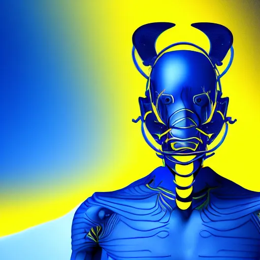 Image similar to human man that resembles a wasp morh in surreal sketch style, blue and yellow gradient, noise, ultrafine detail, hd 8k, logo illustration