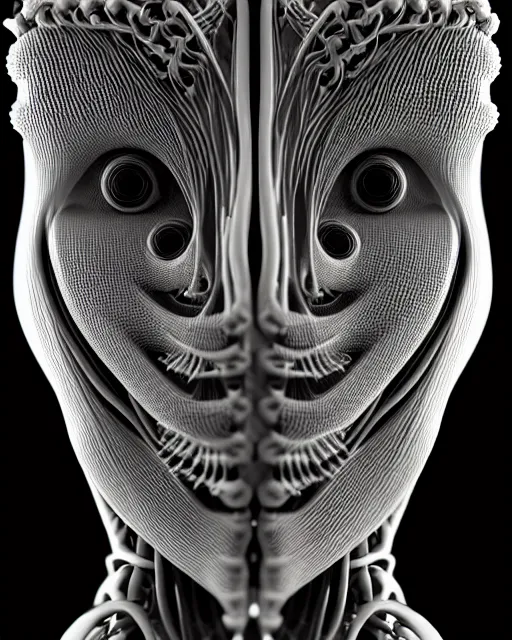 Prompt: mythical black and white organic biomechanical spinal ribbed face portrait detail of mechanical female vegetal-cyborg, highly detailed, intricate ornate, 3D render digital art, octane render, 8K artistic photography, photorealistic