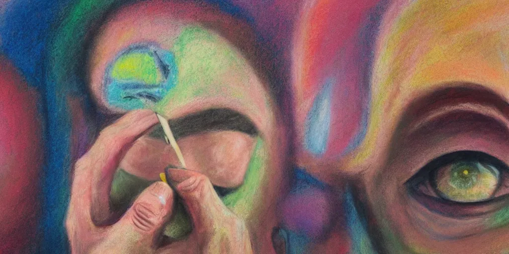 Image similar to pastel abstract painting of a man removing a nail from his third eye