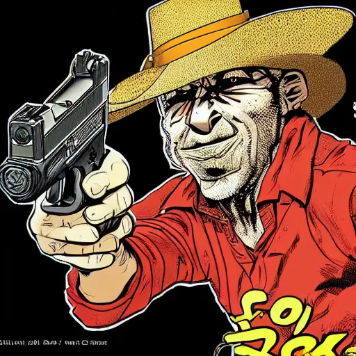 Prompt: A sorcerer wielding two Glock pistols, bust shot, art by Geof Darrow, high detail, 8k, Smooth, High contrast, depth of field, aperture f2.8