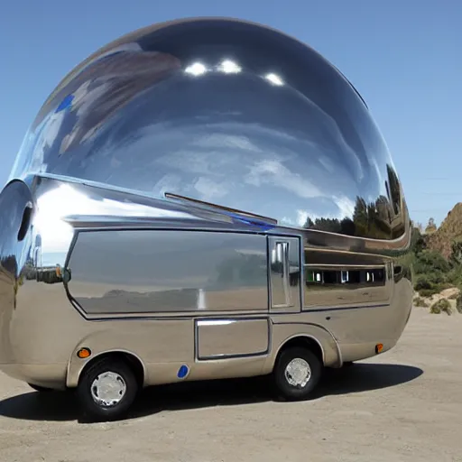 Prompt: an inflated stainless steel chrome Winnebago, solarpunk