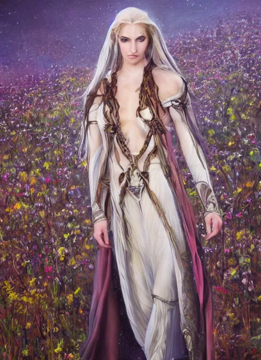 Image similar to an oil canvas painting of beautiful full body concept art beautiful face and beautiful eyes, elven female rogue wearing full intricate clothing standing in a field, soft focus, interesting lights