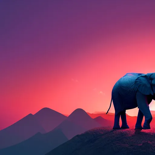 Image similar to a heroic elephant watching yesterday's sunset over the mountains in the style of synthwave, digital art, 4k