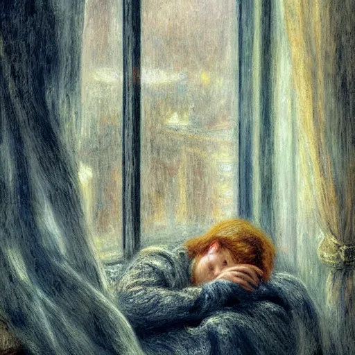 Image similar to on a rainy day, someone in home sits in bed, curled up under the covers, watching the rain outside the window, cinematic, artstation, extremely detailed, intricate, cinematic lighting, art by pierre - auguste renoir, arie johannes lamme