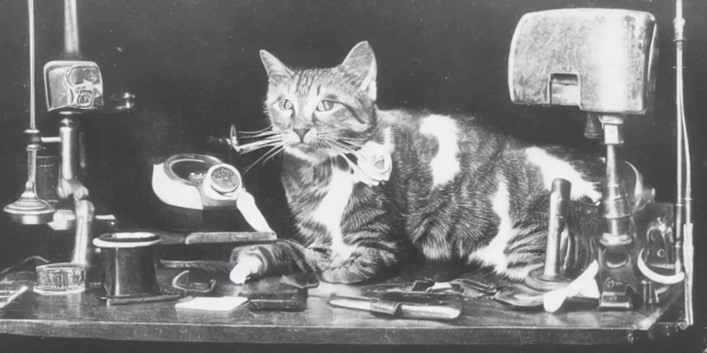 Prompt: a vintage photo from 1890 of a cat smoking a cigar while talking on a rotary phone in a tec support office filled with tools and coffee cups