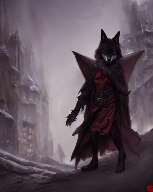 Prompt: oil painting of Anthropomorphized dark Fox thief, wearing dark cloak, mischievous look, full body, sharp focus, fantasy style, octane render, volumetric lighting, 8k high definition, by greg rutkowski, highly detailed, trending on art Station, magic the gathering artwork, dark city backround