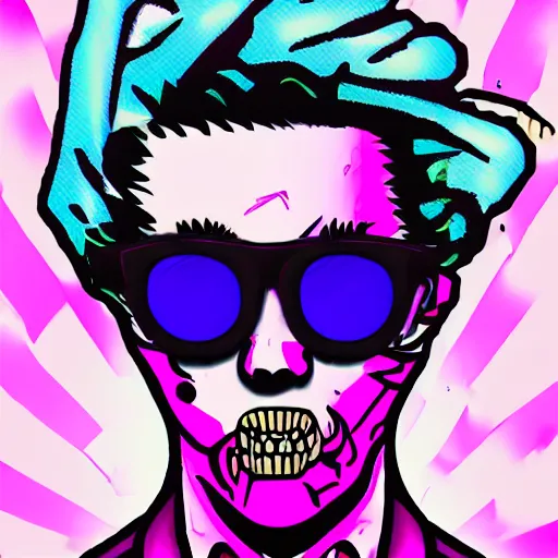 Prompt: vaporwave art of a fashionable zombie that wears sunglasses