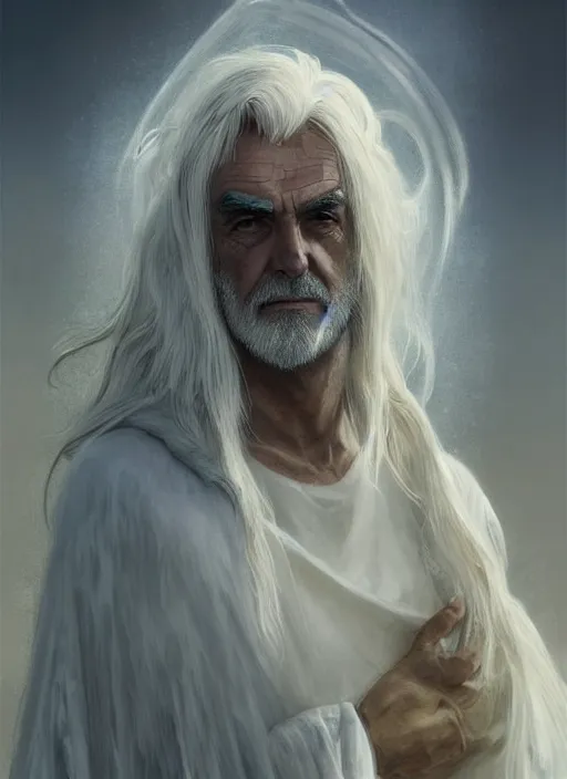 Prompt: Portrait of Sean Connery, white glowing eyes, silver shaggy hair, cloak, ethereal wings, male, fantasy, extremely detailed, digital painting, artstation, concept art, smooth, sharp focus, illustration, stunning lighting, art by artgerm and greg rutkowski and alphonse mucha and simon stalenhag, realistic character concept, high fantasy, light atmosphere, golden ratio, cinematic lighting, hyperdetailed, high resolution, insanely detailed and intricate, artstation, Marc Simonetti, Greg Rutkowski, 8k