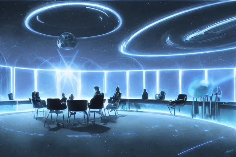 Prompt: ground view of a science fiction circular meeting room with bright holodesk in the center showing a blue hologram of a solar system, dark people discussing, contrasted light, clair obscur, illustration, clean lines, star wars vibe,, by greg rutkowski, by moebius!!!, vivid colors, spectacular cinematic scene