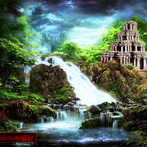 Image similar to temple ruins besides of a waterfall, fantasy art, cinematic