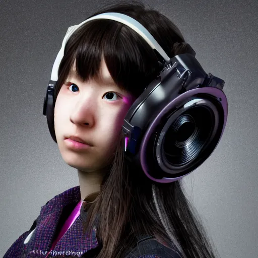 Image similar to stunning photorealistic portrait of cute cyber punk high school girl from Japan. she is wearing heavy complicated future headsets. award winning, taken by canon 5d mk4, art lens, perfect lighting