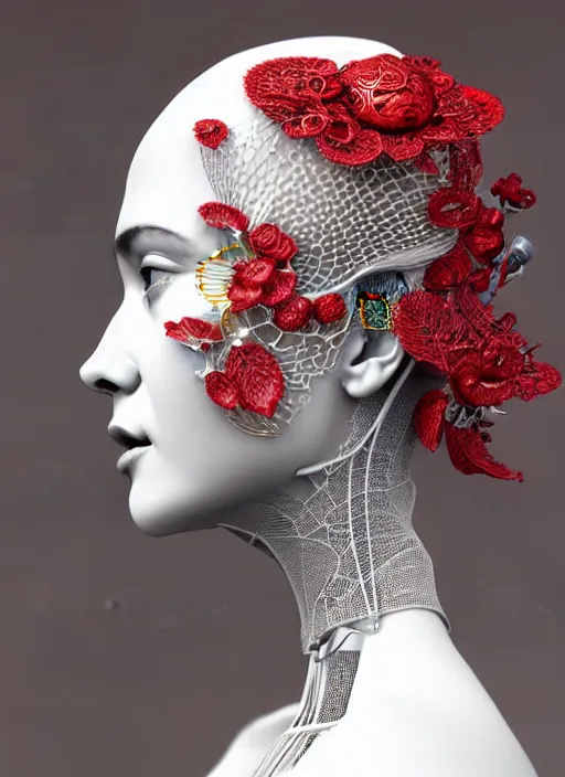 Image similar to complex 3d render ultra detailed of a beautiful porcelain profile young woman face, mechanical cyborg, 200 mm lens, beautiful studio soft light, rim light, silver gold red details, magnolia big leaves and stems, roots, fine foliage lace, mesh wire, Alexander Mcqueen high fashion haute couture, art nouveau fashion embroidered, intricate details, hyper realistic, ultra detailed, mandelbrot fractal, anatomical, facial muscles, cable wires, microchip, elegant, octane render, H.R. Giger style, 8k post-production