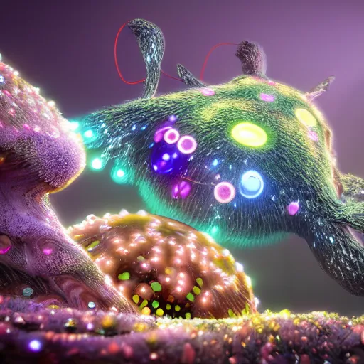 Image similar to quantum physics, expressive eyes, floating, rbc, radiolaria, protophyta, micro - organisms, center frame, symmetric, rim light, marine microbiology, bioluminescence, electric, fur, soft, concept art, intricate details, highly detailed, colorful, photorealistic, disney pixar, octane render,