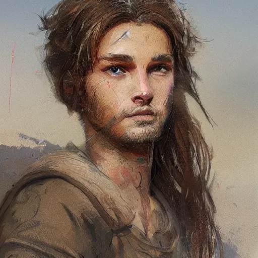 Image similar to colorful detailed portrait of a young shepherd with soft hair, brown hair, Greg Rutkowski