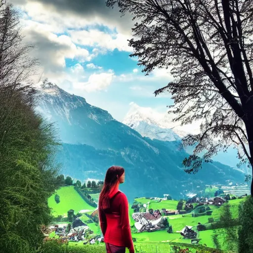 Image similar to a beautiful photograph of a girl with switzerland landscape in the background with trees, hdr, 8 k, high quality, sharp focus, artstation, highly detailed, award - winning, dramatic lighting, beautiful clouds, and nature